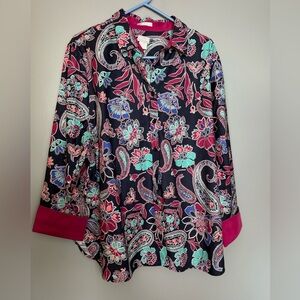 Chico's Sz 4 Dark Paisley No Iron Multicolor Button Down Collared Blouse US XXL